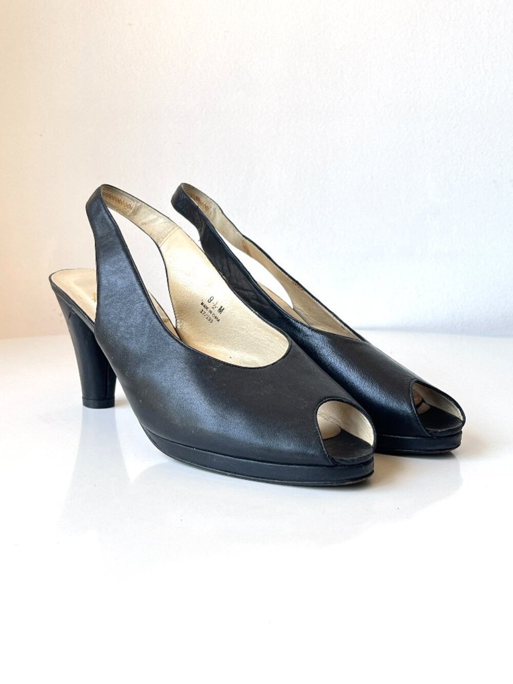 Vintage 90s Allure Black Platform Slingback Peep Toe Heels Shoes Size 9.5